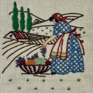 Vintage Czechoslovakia Linen Dish Towel Embroidered Farm Woman Scene 20x30"